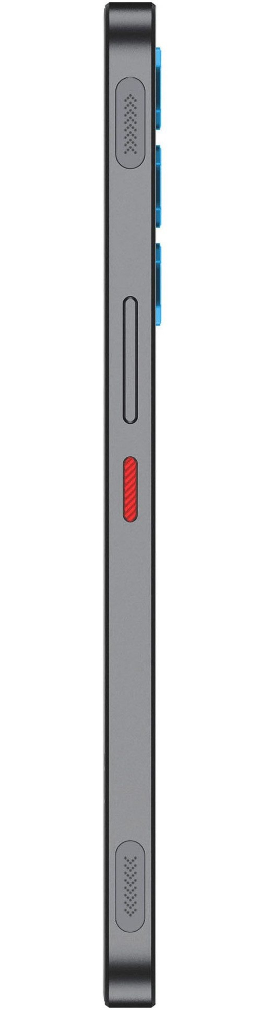 Graues Smartphone mit blauen und roten Akzenten auf der Seite