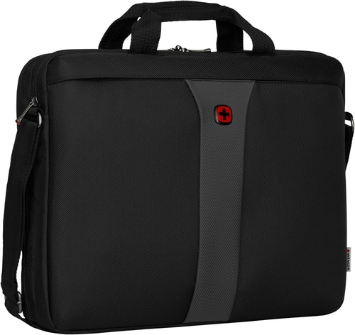 Schwarze Laptoptasche mit rotem Kreuz und Schultergurt, Wenger-Logo