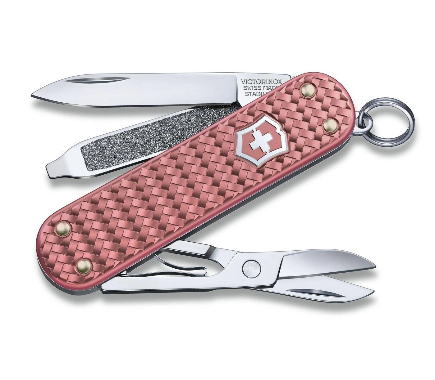 Rosa Taschenmesser mit geflochtener Textur und Werkzeugen, Nahaufnahme, weißer Hintergrund.