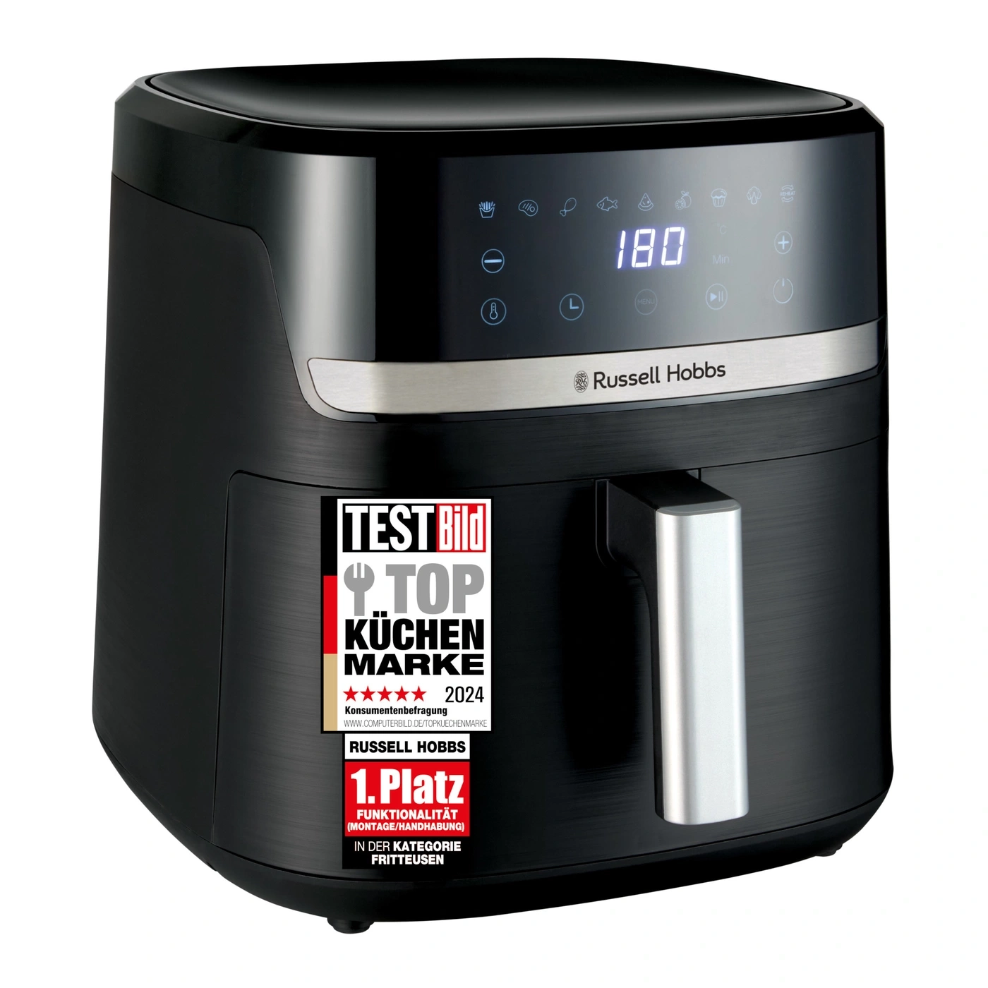 Schwarze Heißluftfritteuse von Russell Hobbs mit digitaler Anzeige und Auszeichnung.