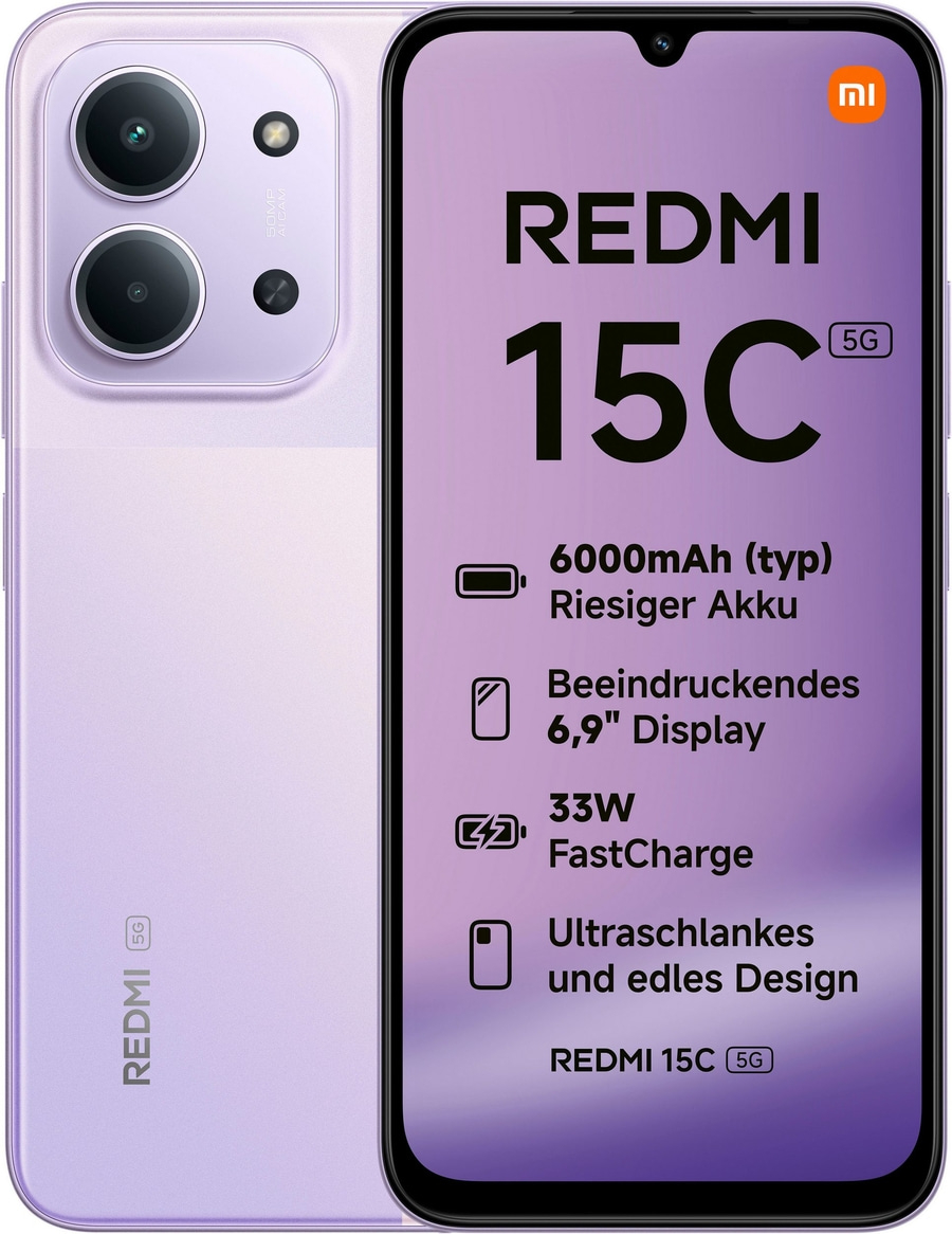Lila Smartphone mit "REDMI 15C" Aufdruck und technischen Daten auf dem Display.