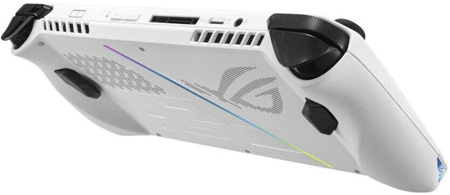 Weißes Gaming-Handheld mit schwarzen Knöpfen und RGB-Streifen, ROG-Logo.