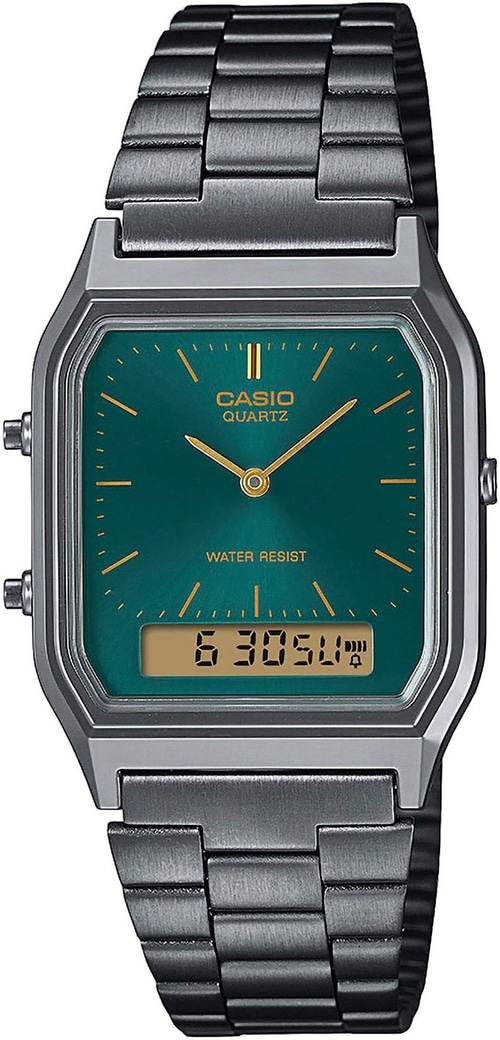 Casio Uhr mit grünem Zifferblatt und silbernem Armband, Digitalanzeige.