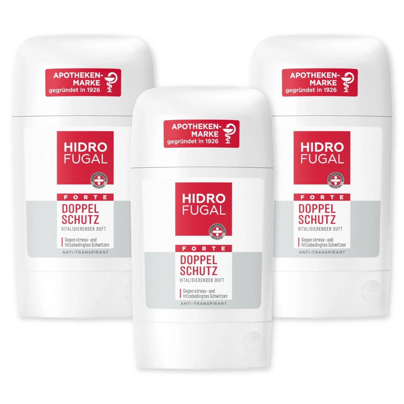 Drei Hidro Fugal Doppelschutz Deodorants mit rotem Aufdruck.