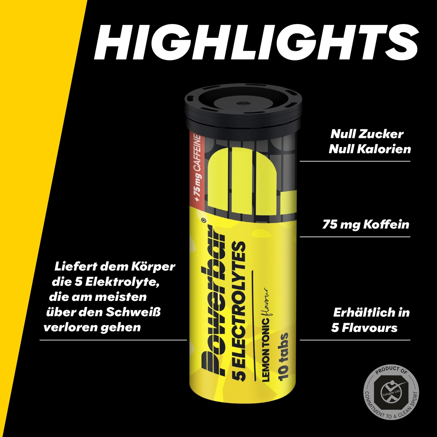 Powerbar 5 Electrolytes im Highlight, zuckerfrei, kalorienfrei, mit 75 mg Koffein, in 5 Geschmacksrichtungen erhältlich, liefert dem Körper die 5 Elektrolyte, die am meisten über den Schweiß verloren gehen. Produkt der Cologne List.
