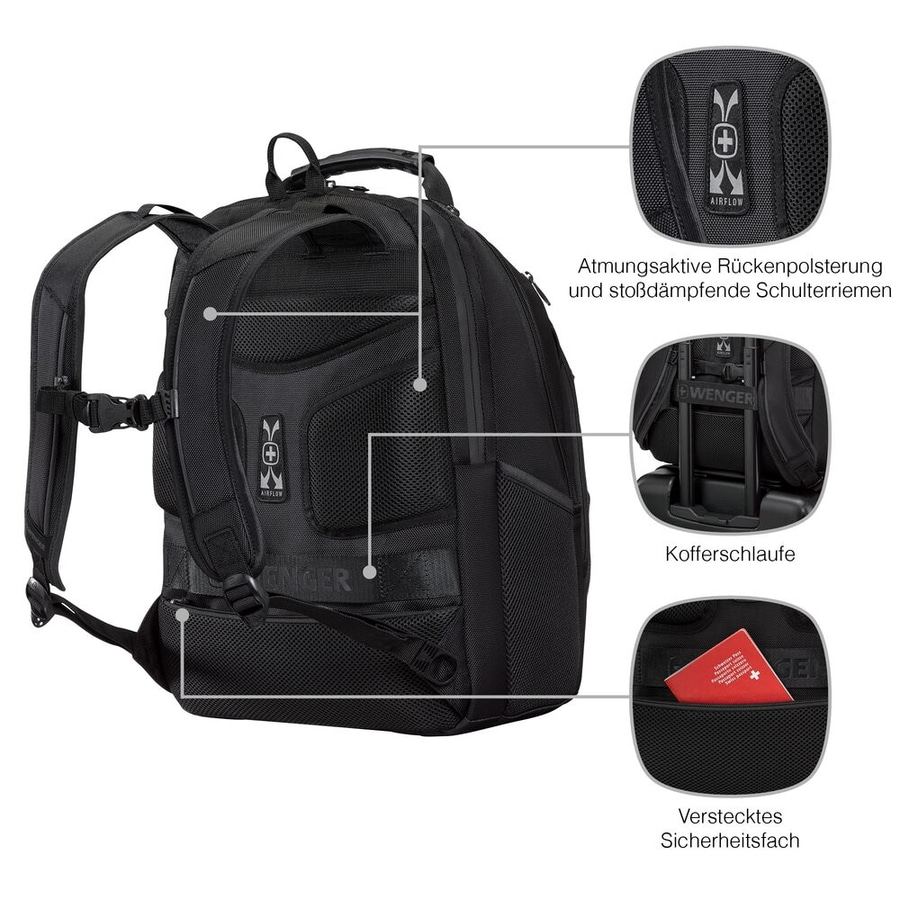 Schwarzer Rucksack mit atmungsaktiver Rückenpolsterung und Sicherheitsfach.