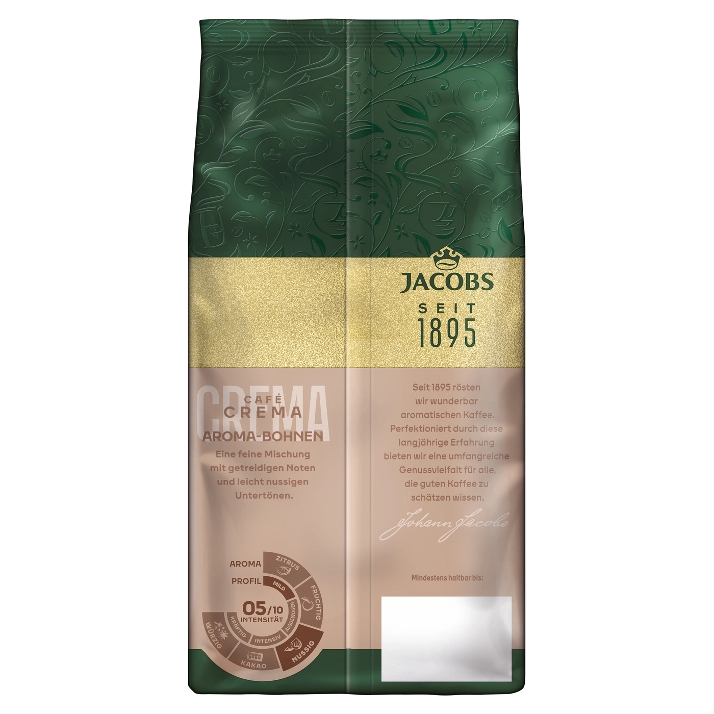 Jacobs Kaffee Crema Aroma-Bohnen im Beutel mitfloralem Muster
