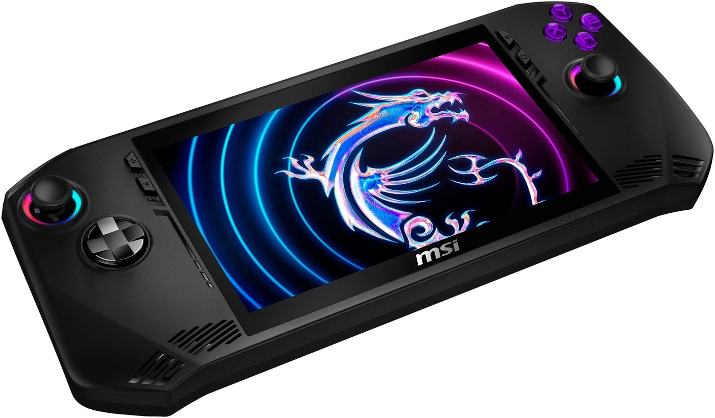 Ein tragbares MSI-Gaming-Gerät mit Drachen-Logo und blauen und pinken Ringen auf dem Bildschirm.
