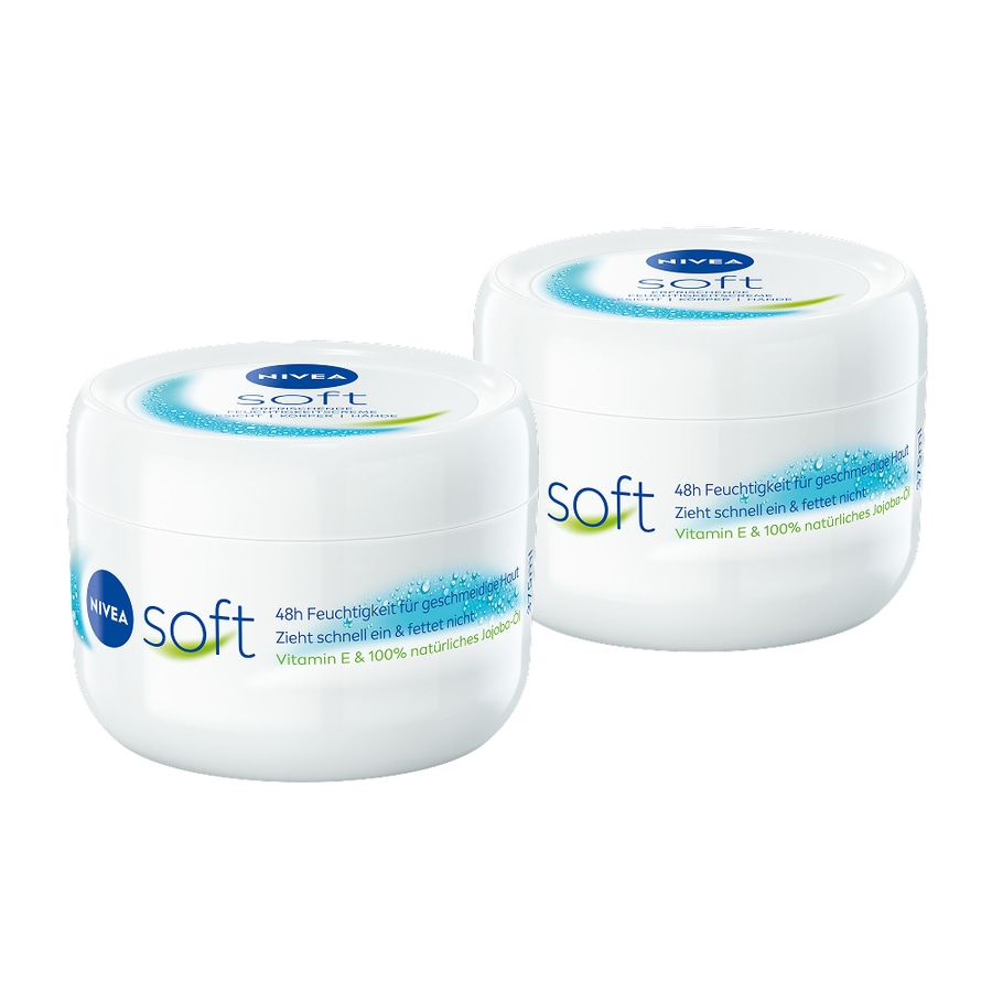 Zwei Nivea Soft Cremes, weiß, mit blauer Schrift, 48h Feuchtigkeit, Vitamin E.