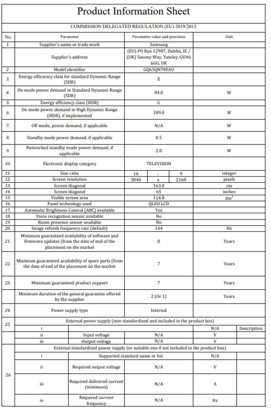Produktinformationsblatt für einen Samsung Fernseher mit Energieeffizienzklassen und technischen Daten.