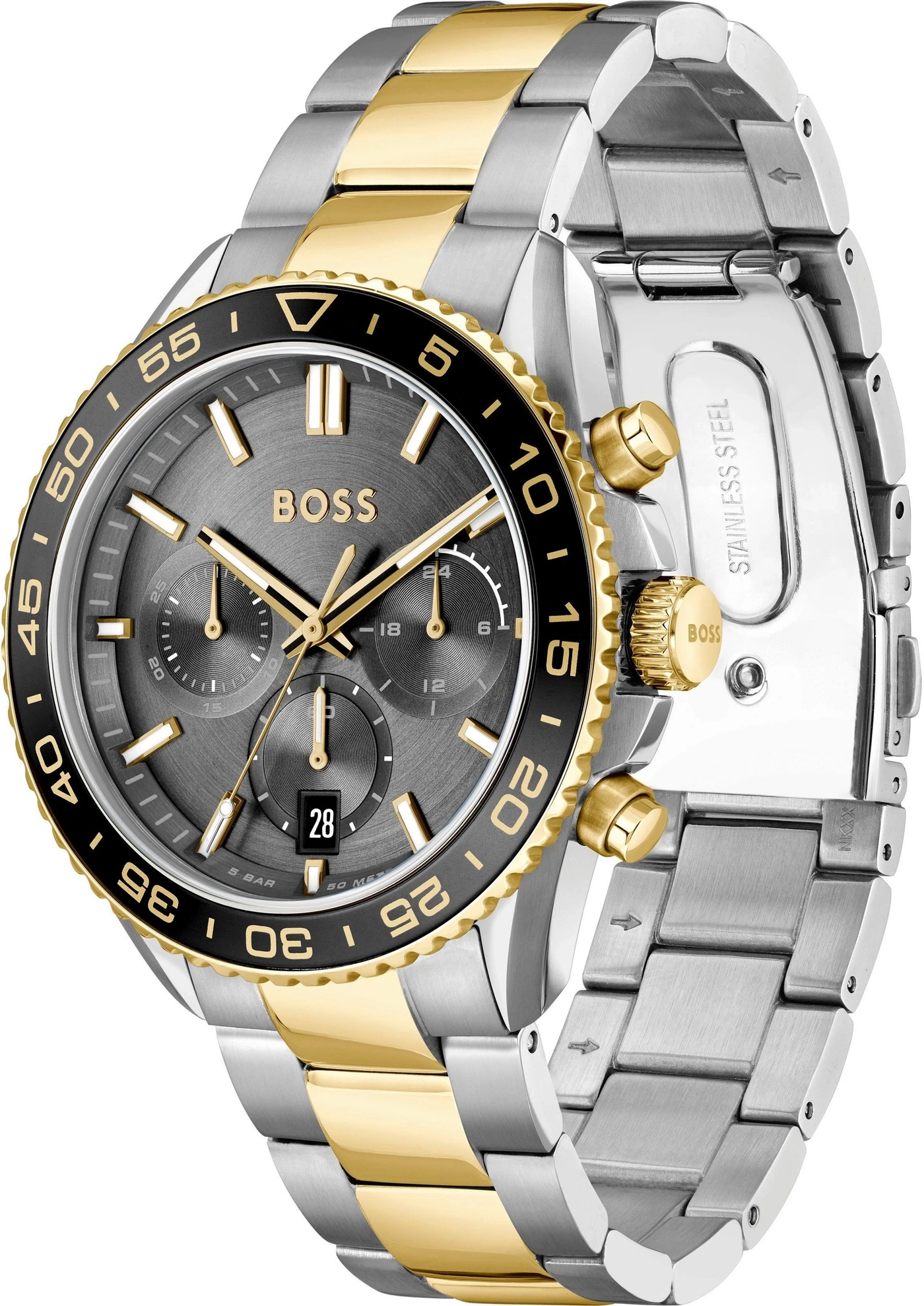 Armbanduhr mit silbernem und goldenem Armband und grauem Zifferblatt