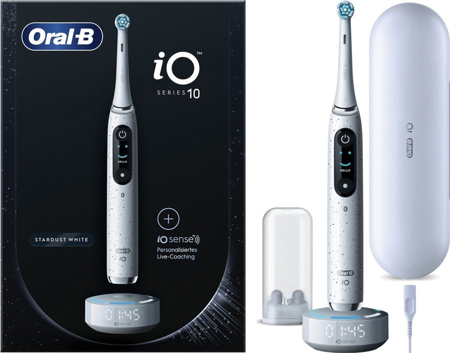 Oral-B iO Series 10 Zahnbürste, Stardust White, mit Ladestation und Zubehör.