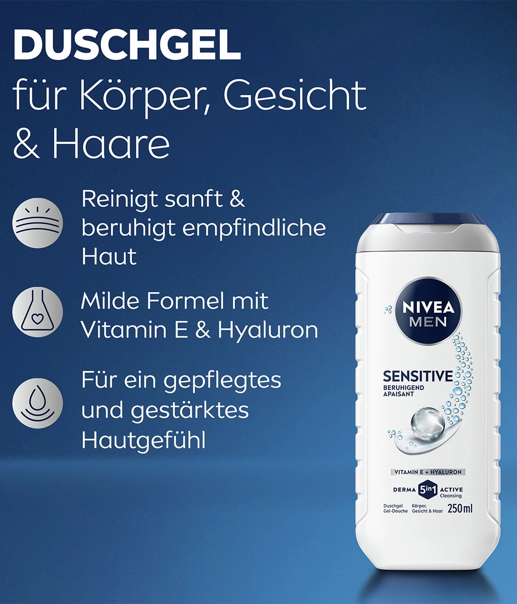 Duschgel für Körper, Gesicht & Haare mit Vitamin E & Hyaluron.