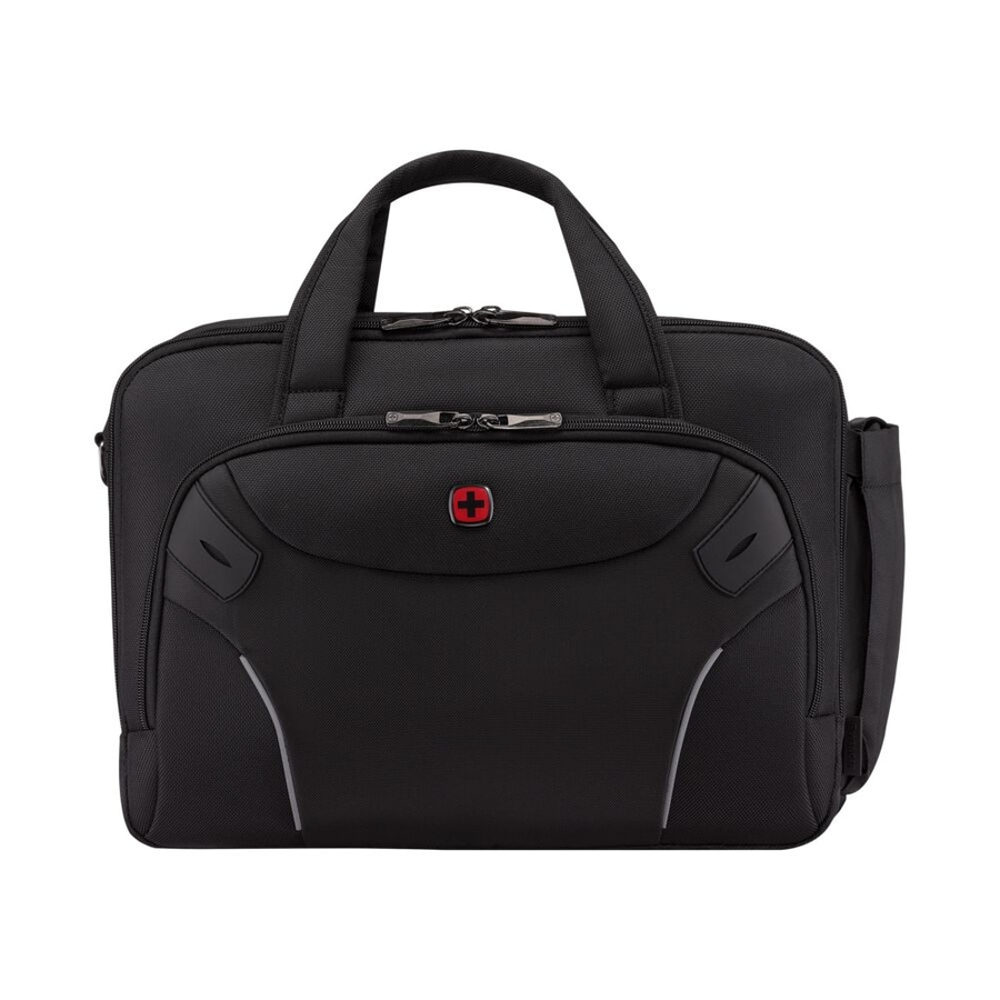 Schwarze Aktentasche mit rotem Kreuz, Griff und Reißverschluss, für Büro oder Reise.