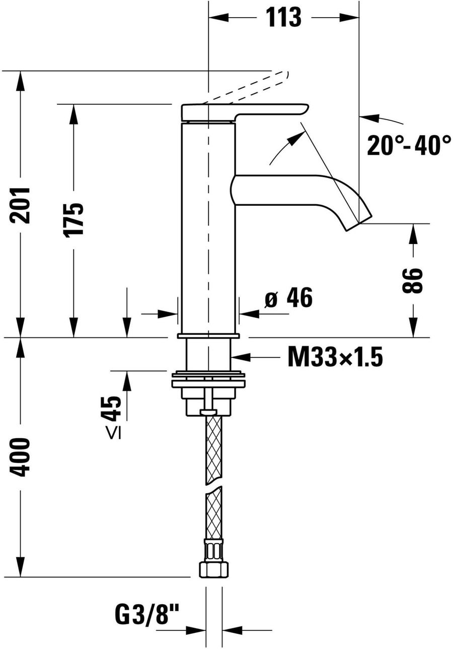 Wasserhahn mit Abmessungen: 201mm, 175mm, 400mm, Ø46mm, M33x1.5, G3/8", 113mm, 86mm, 20°-40°, <45mm.