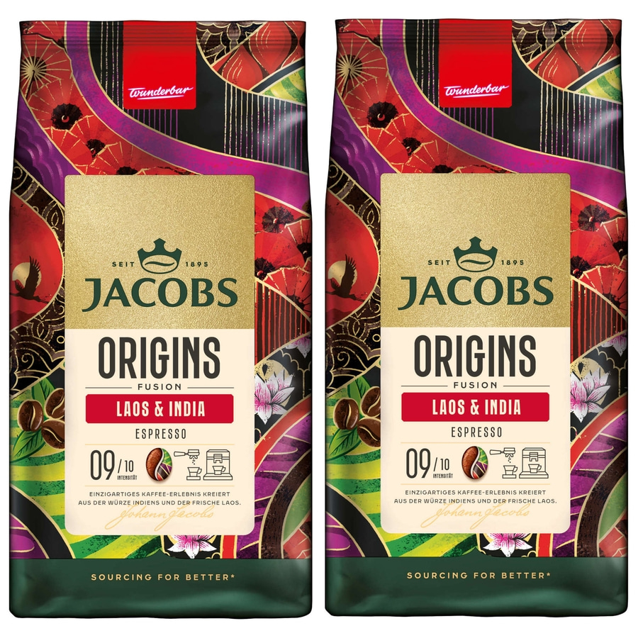 Zwei Jacobs Kaffeebeutel mit Laos & Indien Espresso, 09/10 Intensität, Wunderbar.