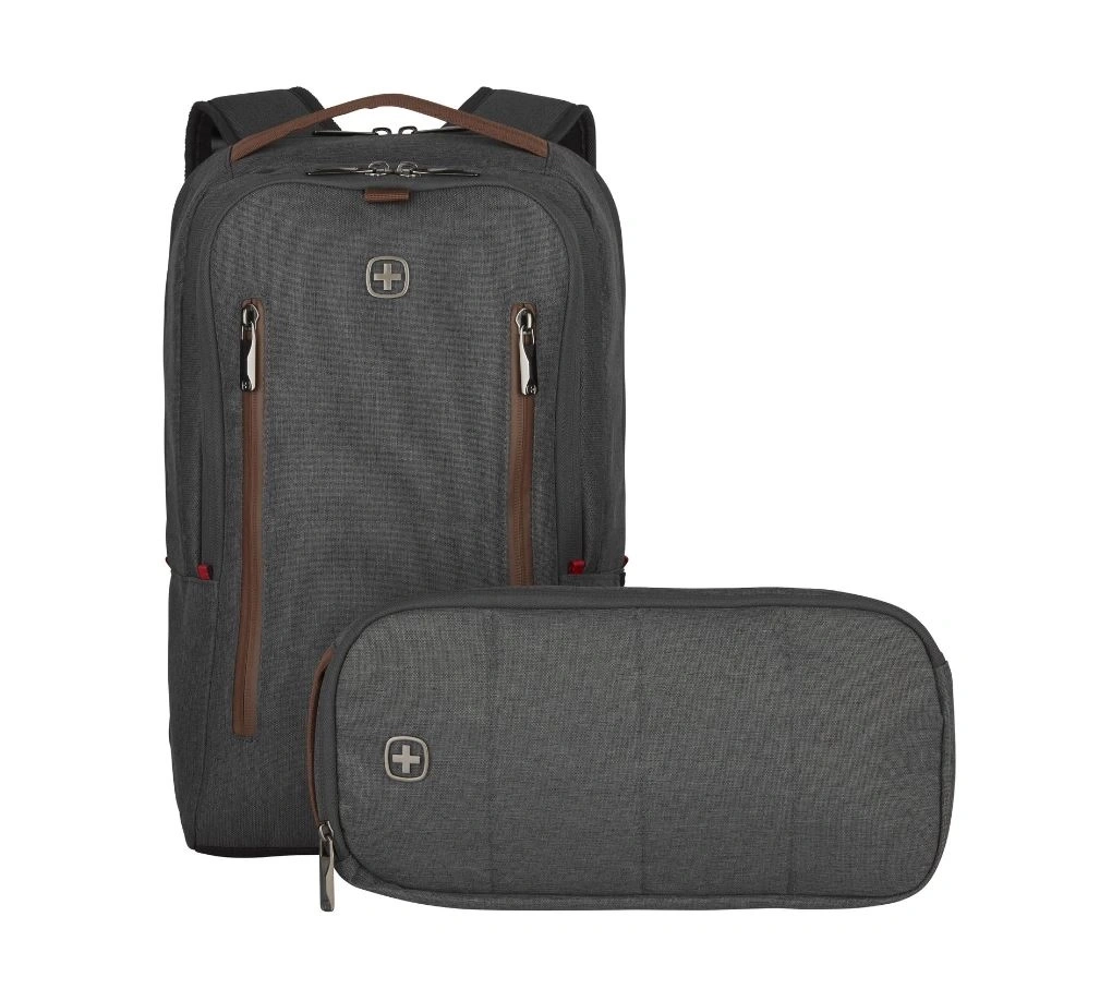 Grauer Rucksack und eine kleine Tasche mit dem Schweizer Kreuz Logo.