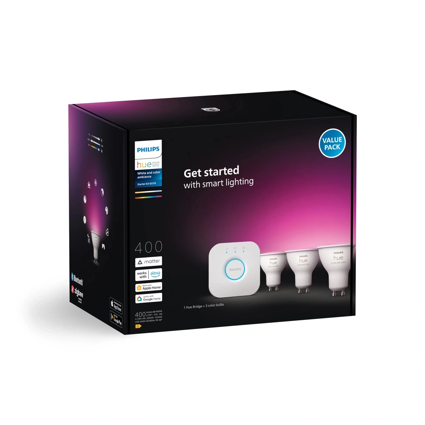 PHILIPS Hue WCA GU10 Smart LED Starter Set 3x Color Spot Smart Bulb + Bridge NEU