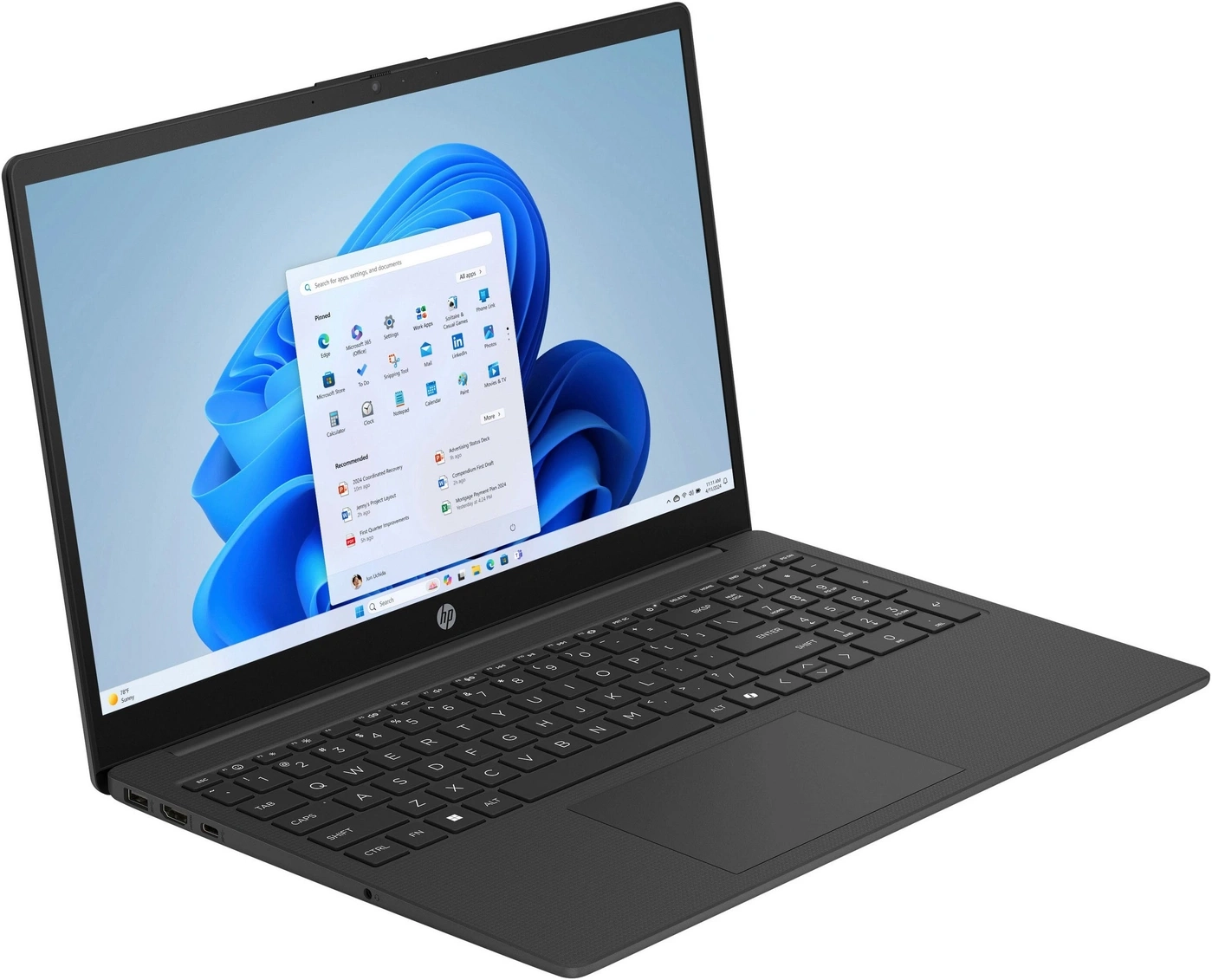 Ein schwarzer HP Laptop mit Windows 11 auf dem Bildschirm.