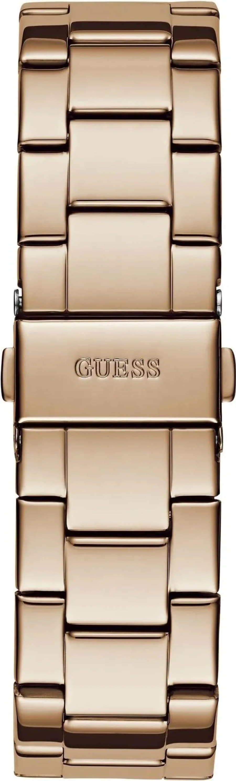 Ein nahaufnahme bild eines rosenfarbenen Guess armbandes.