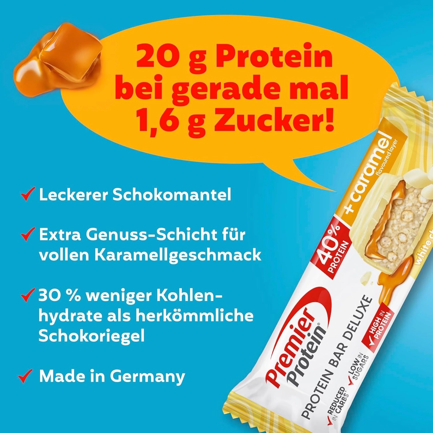 Premier Protein Riegel mit Karamellgeschmack und 20g Protein, weniger Zucker.