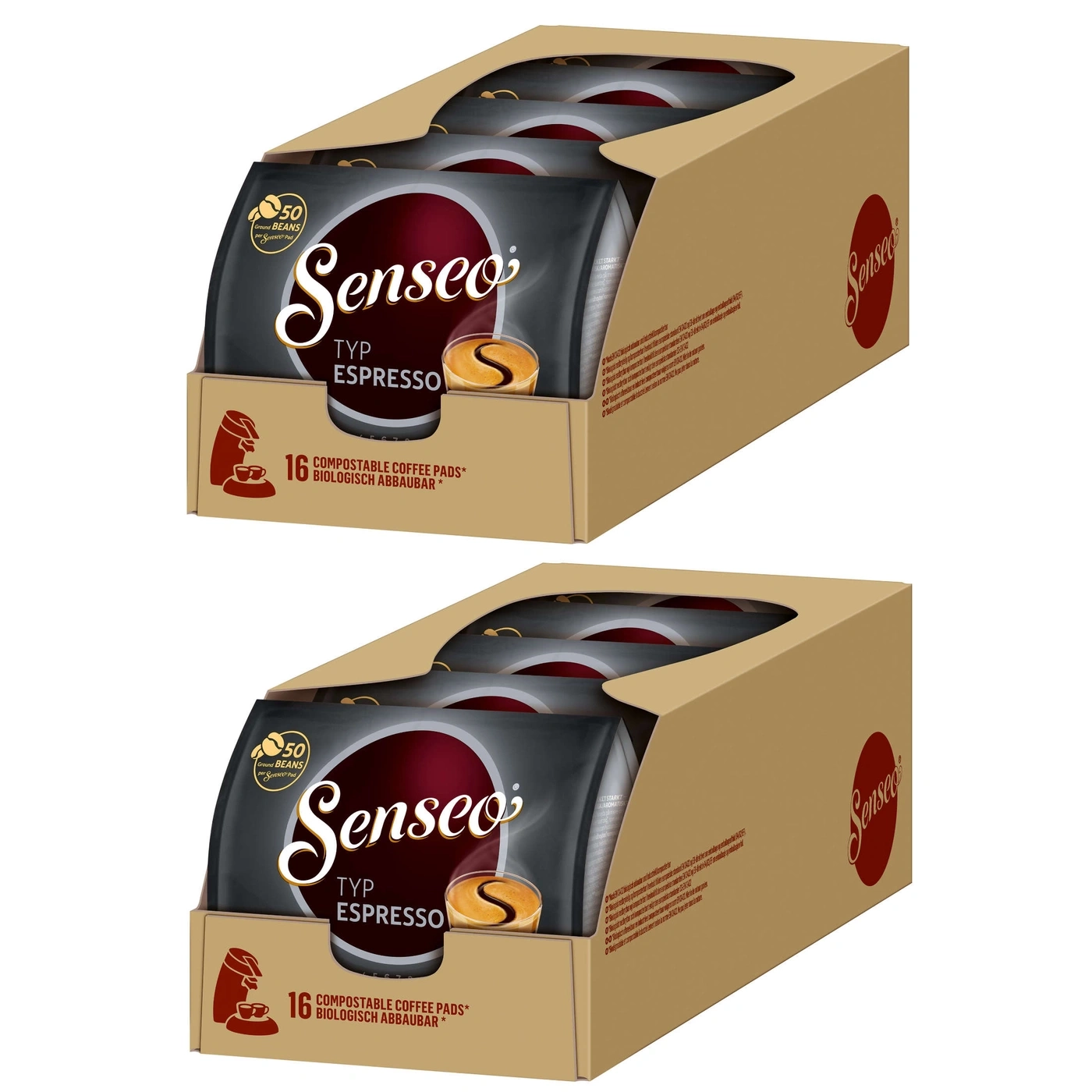Zwei Kartons Senseo Espresso Kaffeepads, 16 Pads pro Packung, 50 Bohnen pro Pad.