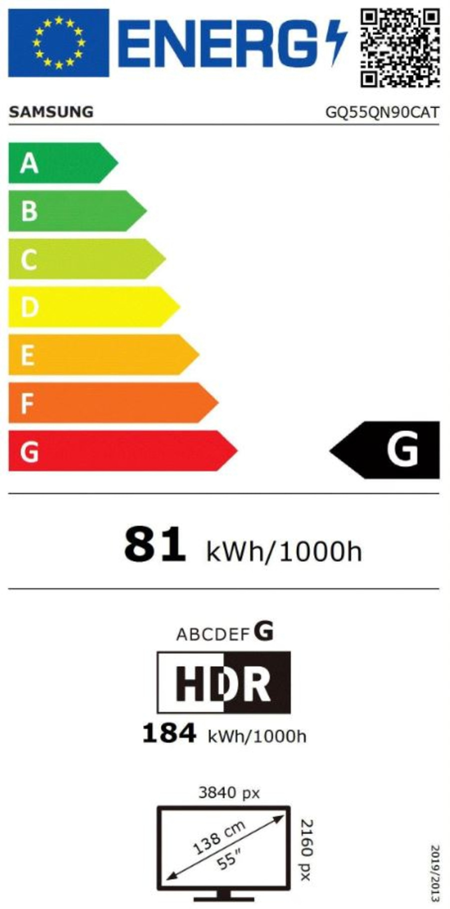 Energieeffizienzlabel für Samsung GQ55QN90CAT Fernseher, Energieklasse G, 81 kWh/1000h