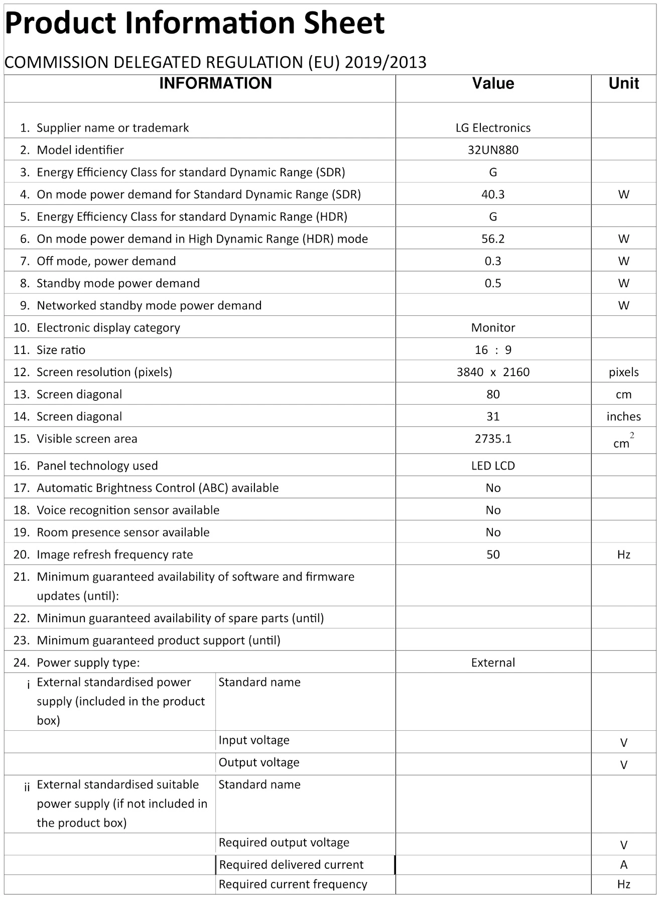Produktinformationsblatt mit technischen Daten zu Bildschirmauflösung, Energieeffizienz und mehr.