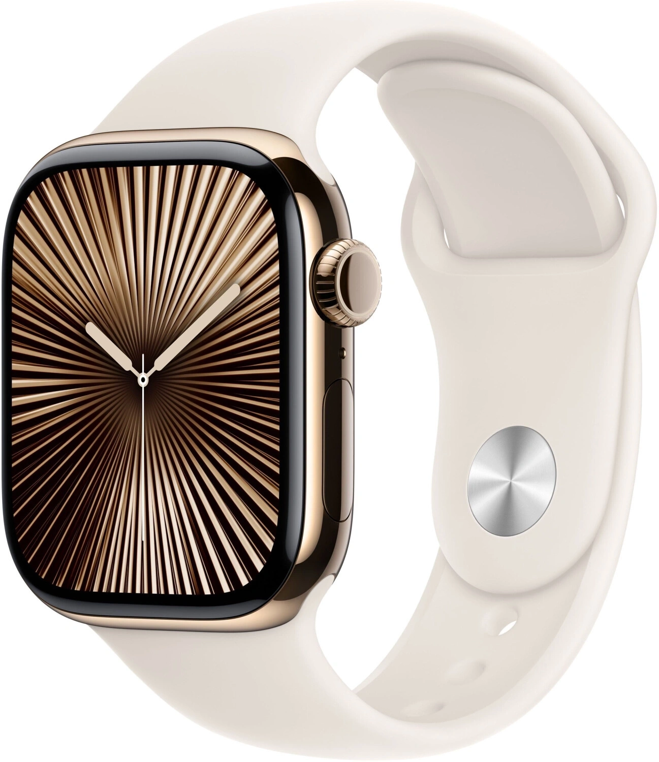 Eine goldene Apple Watch mit einem weißen Band und einem grafischen Zifferblatt.