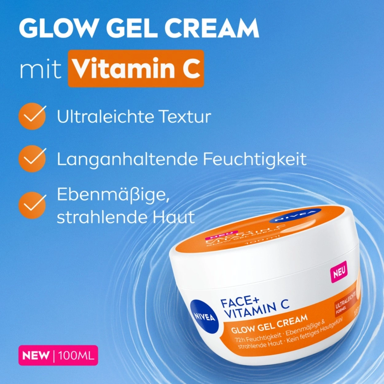 Nivea Glow Gel Cream mit Vitamin C für ultraleichte Textur, langanhaltende Feuchtigkeit und strahlende Haut.