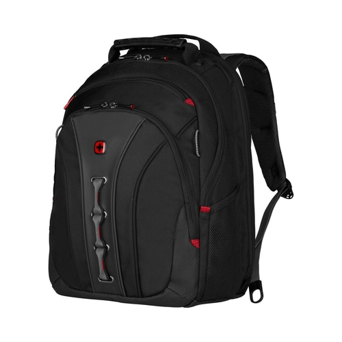 Schwarzer Rucksack mit rotem Akzent und Schweizer Kreuz Logo, robust und praktisch.