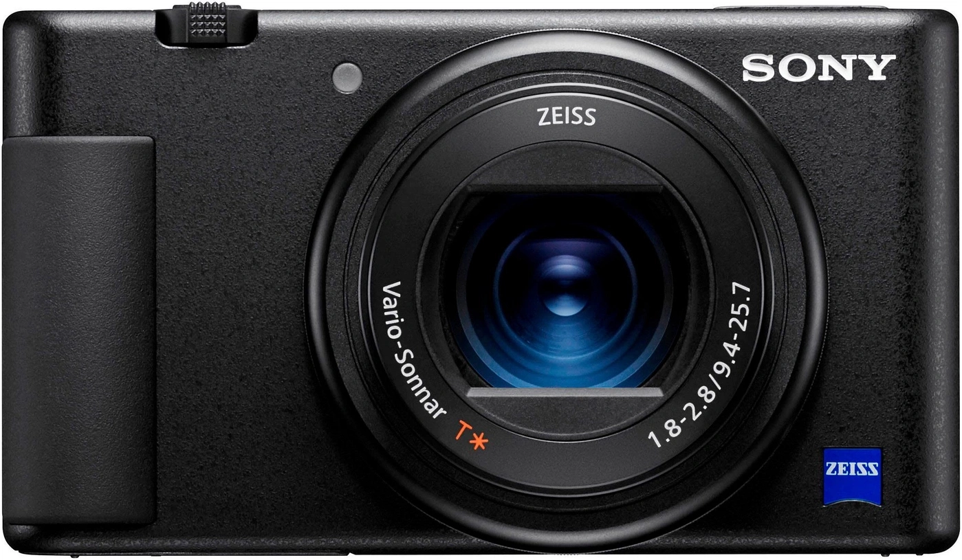 Eine schwarze Sony-Kamera mit einem Zeiss-Objektiv und der Aufschrift "Vario-Sonnar T* 1.8-2.8/9.4-25.7".
