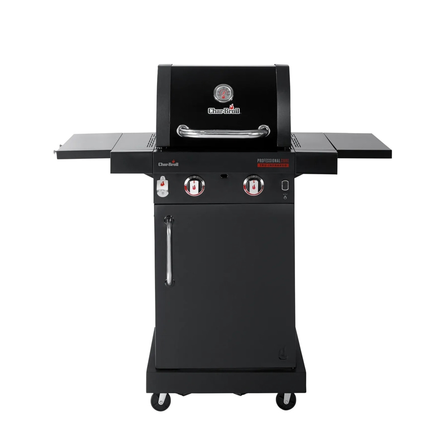 Schwarzer Grill mit zwei Seitenablagen und Rädern, Char-Broil.