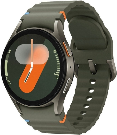 Grüne Smartwatch mit orangefarbenen Akzenten und Armband, Nahaufnahme
