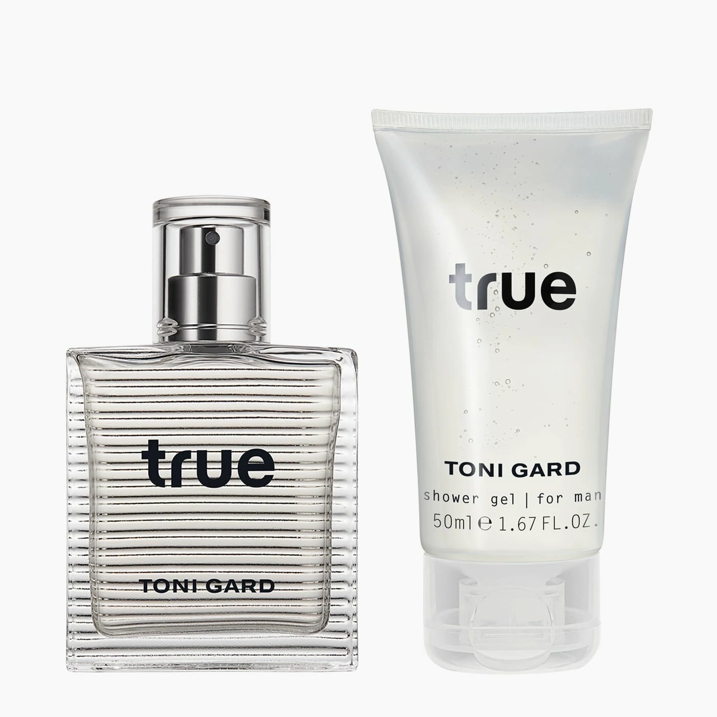True-Parfüm und Duschgel von Toni Gard für Männer, weißer Hintergrund