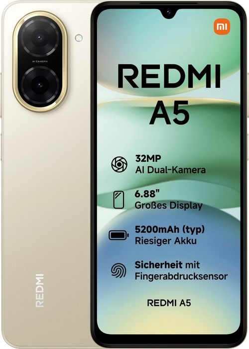 Ein hellgoldenes Redmi A5 Smartphone mit Dual-Kamera und großem Display.