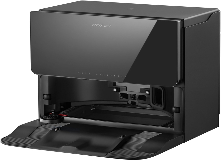 Ein schwarzer Roborock Auto Dispenser mit geöffneter Klappe