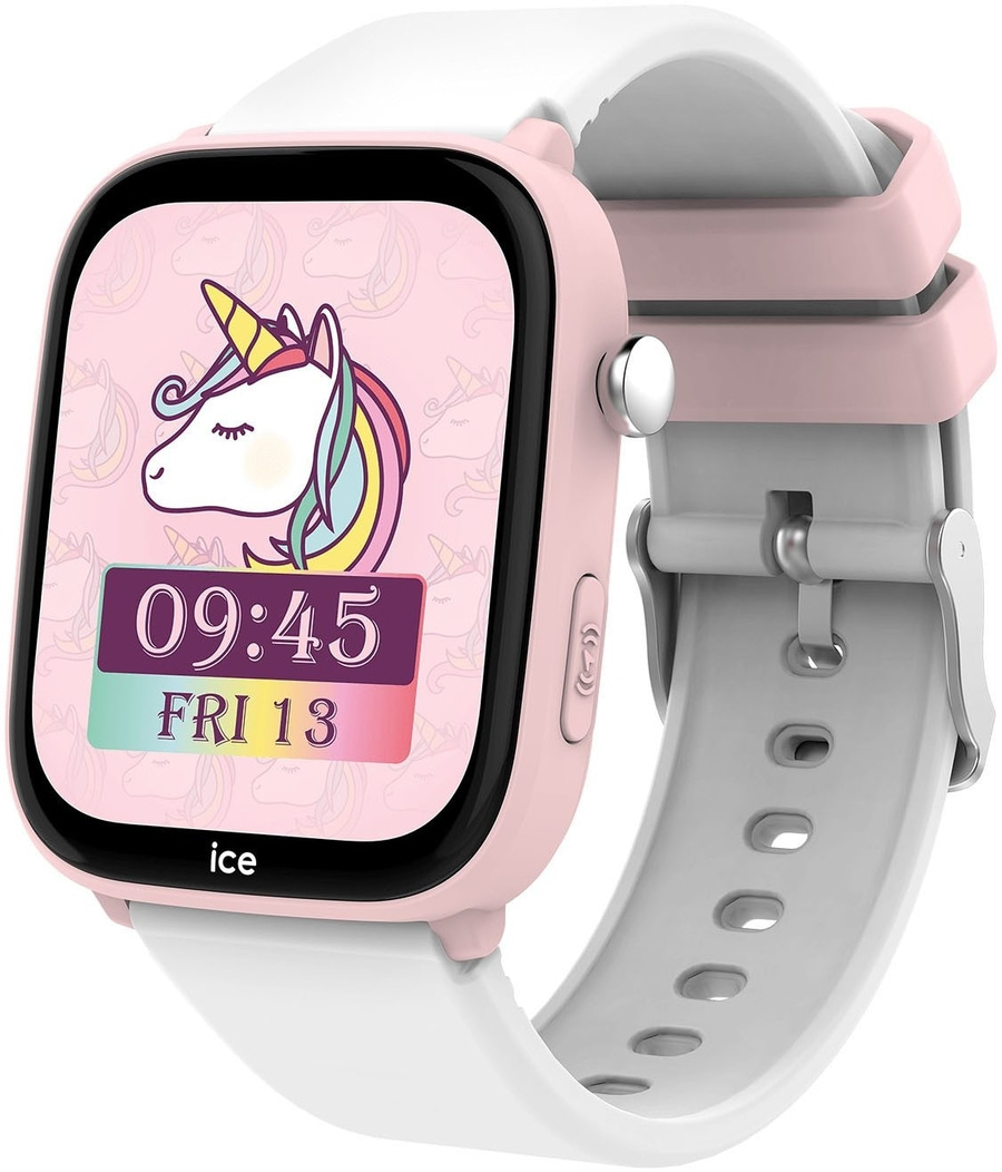Eine pinke Smartwatch mit einem Einhorn-Zifferblatt und weißem Armband.