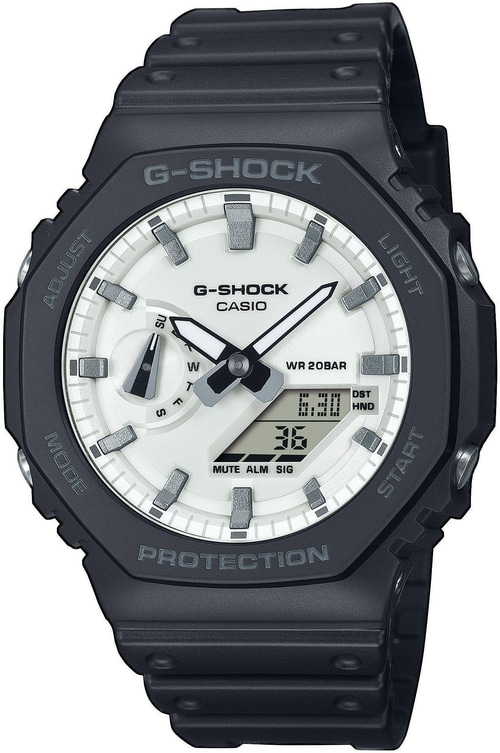 G-Shock Armbanduhr mit schwarzem Gehäuse und weißem Zifferblatt