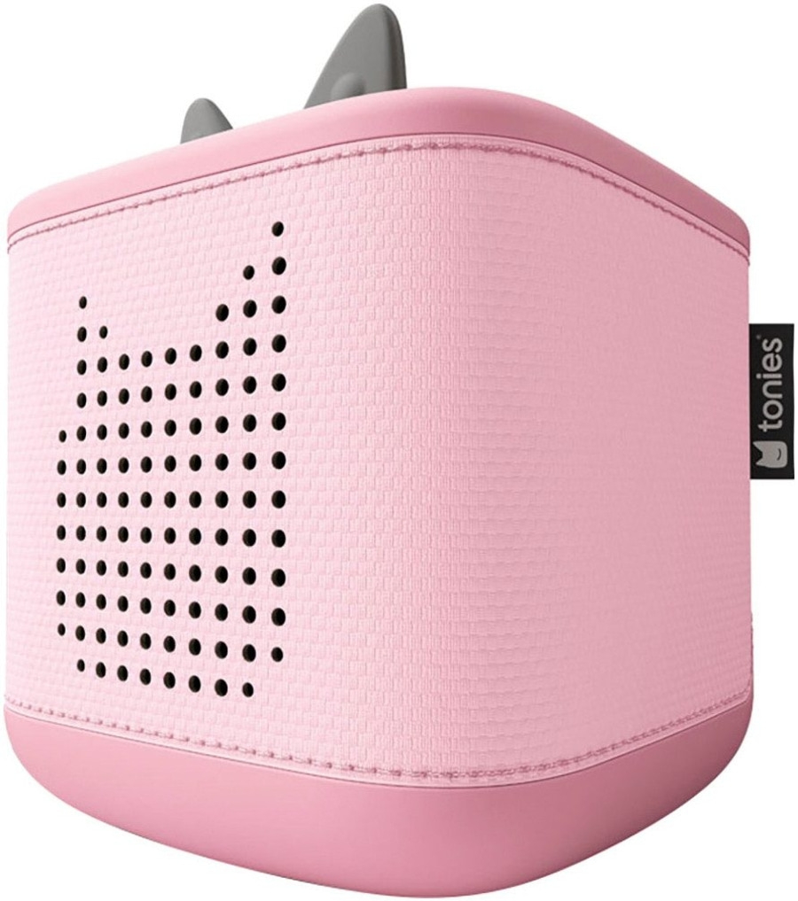 Ein pinker Toniebox Lautsprecher mit Katzenohren und einem Katzenmotiv auf der Vorderseite.