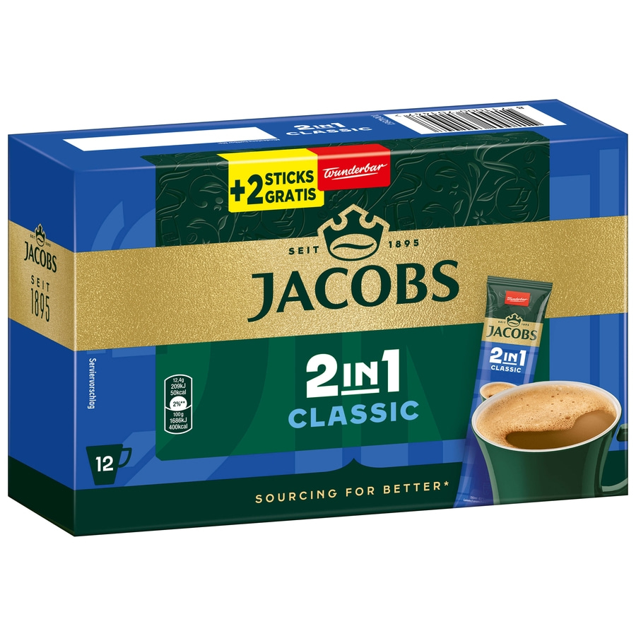 Jacobs 2in1 Classic Kaffee-Packung mit 12 Bechern und +2 Gratis Sticks