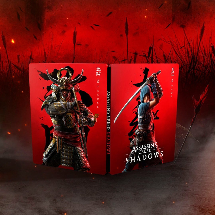 Assassin's Creed Shadows Spielhülle mit Samurai und Ninja-Charakteren auf rotem Hintergrund.