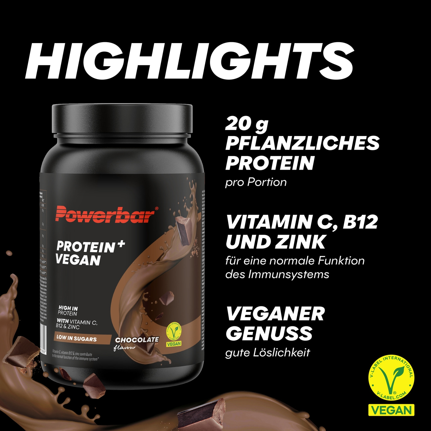 POWERBAR Protein+ Vegan Immune Support Chocolate 570 g Protein Pulver zuckerarm