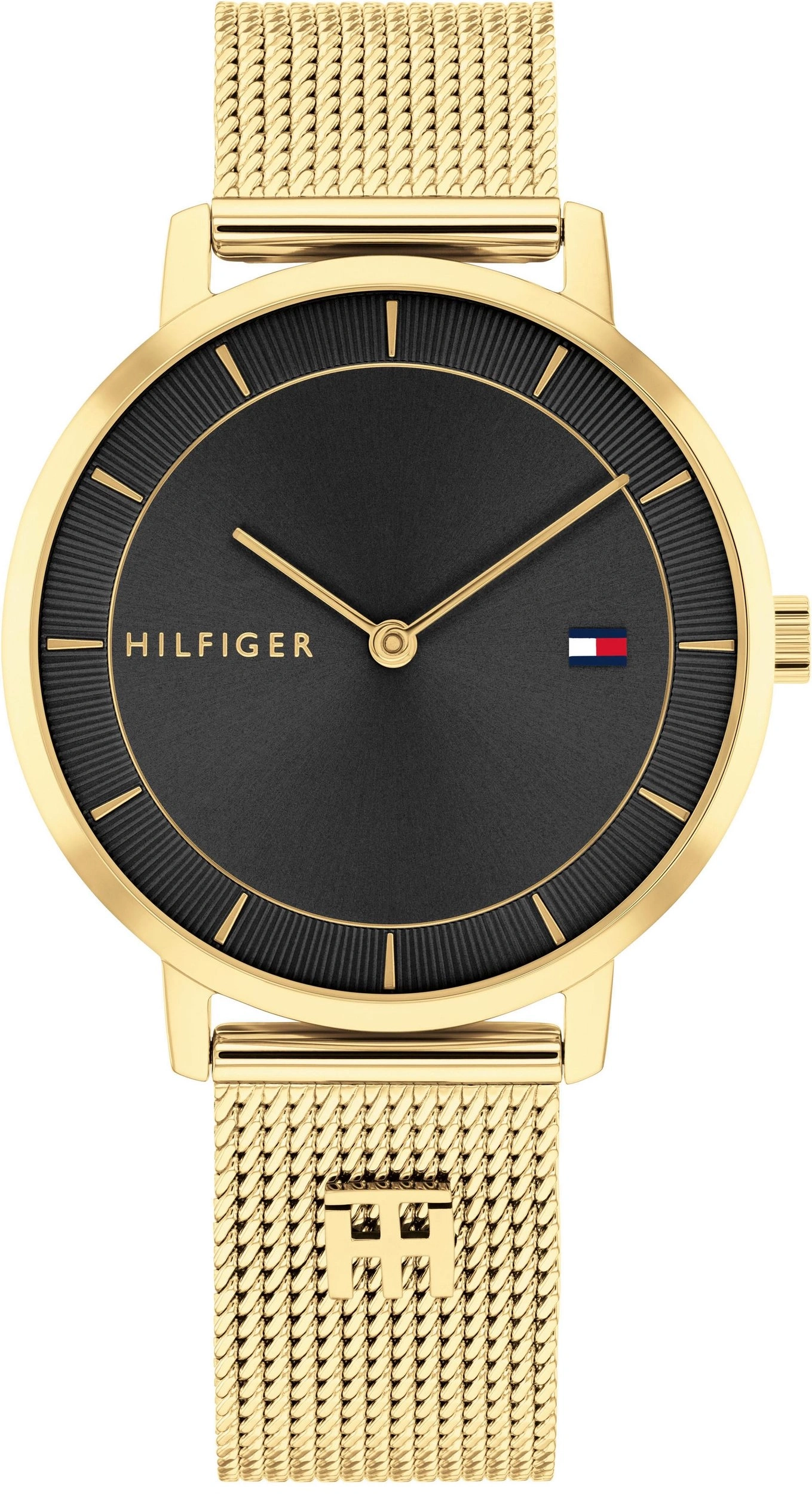 Goldene Tommy Hilfiger Uhr mit schwarzem Zifferblatt und Mesh-Armband