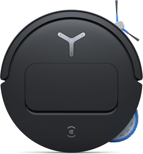Schwarzer Saugroboter mit blauen Bürsten und einem Power-Symbol.