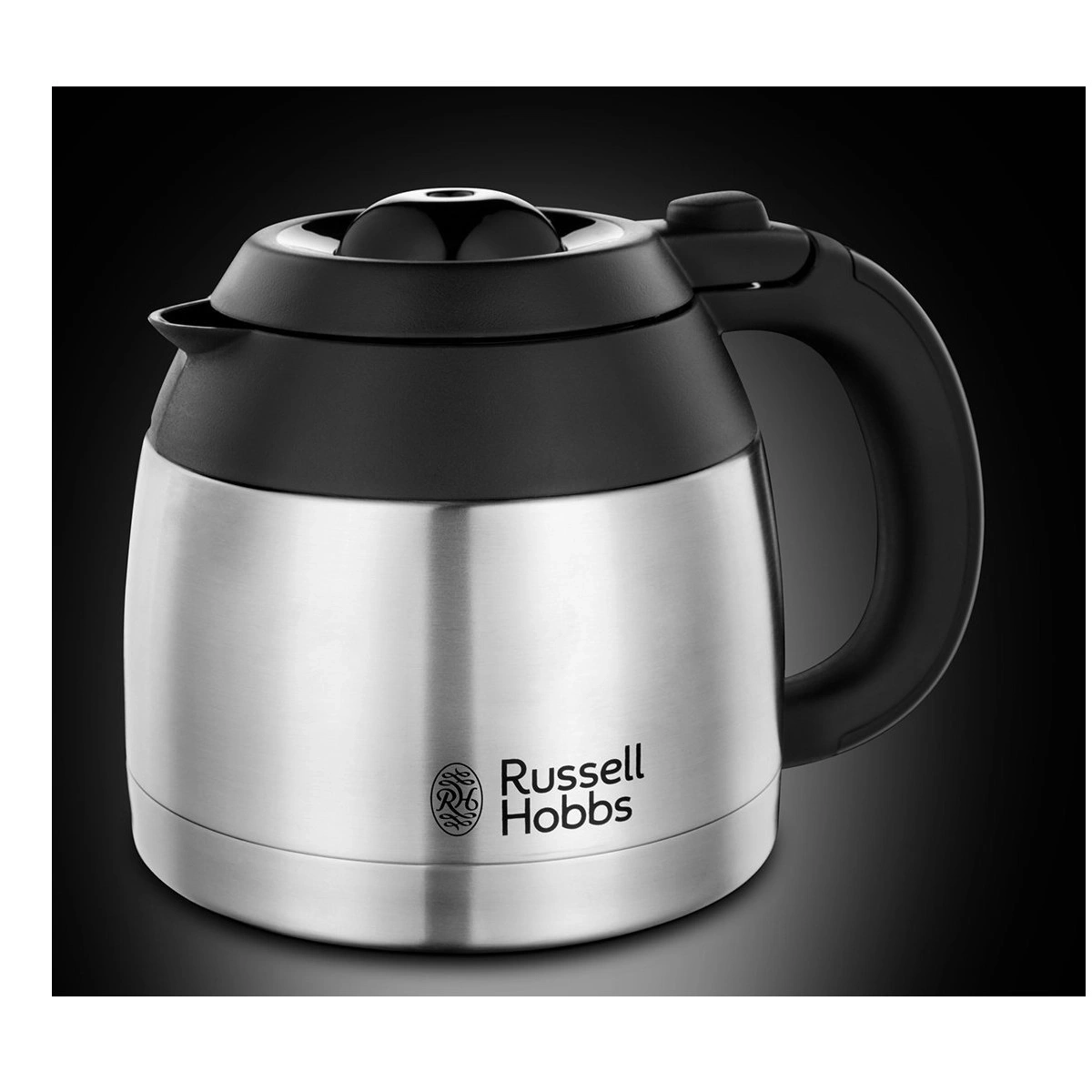 Edelstahl-Kaffeekanne mit schwarzem Deckel und Griff, Russell Hobbs Logo