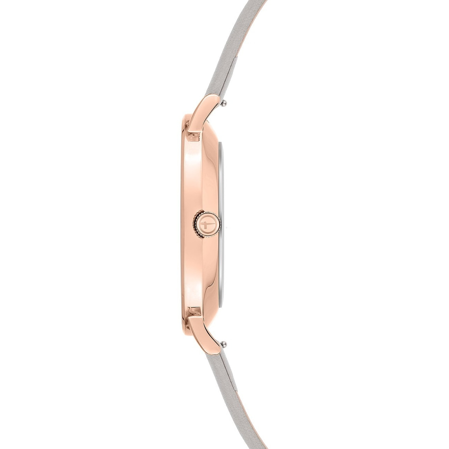 Detailansicht einer roségoldenen Uhr mit grauem Armband