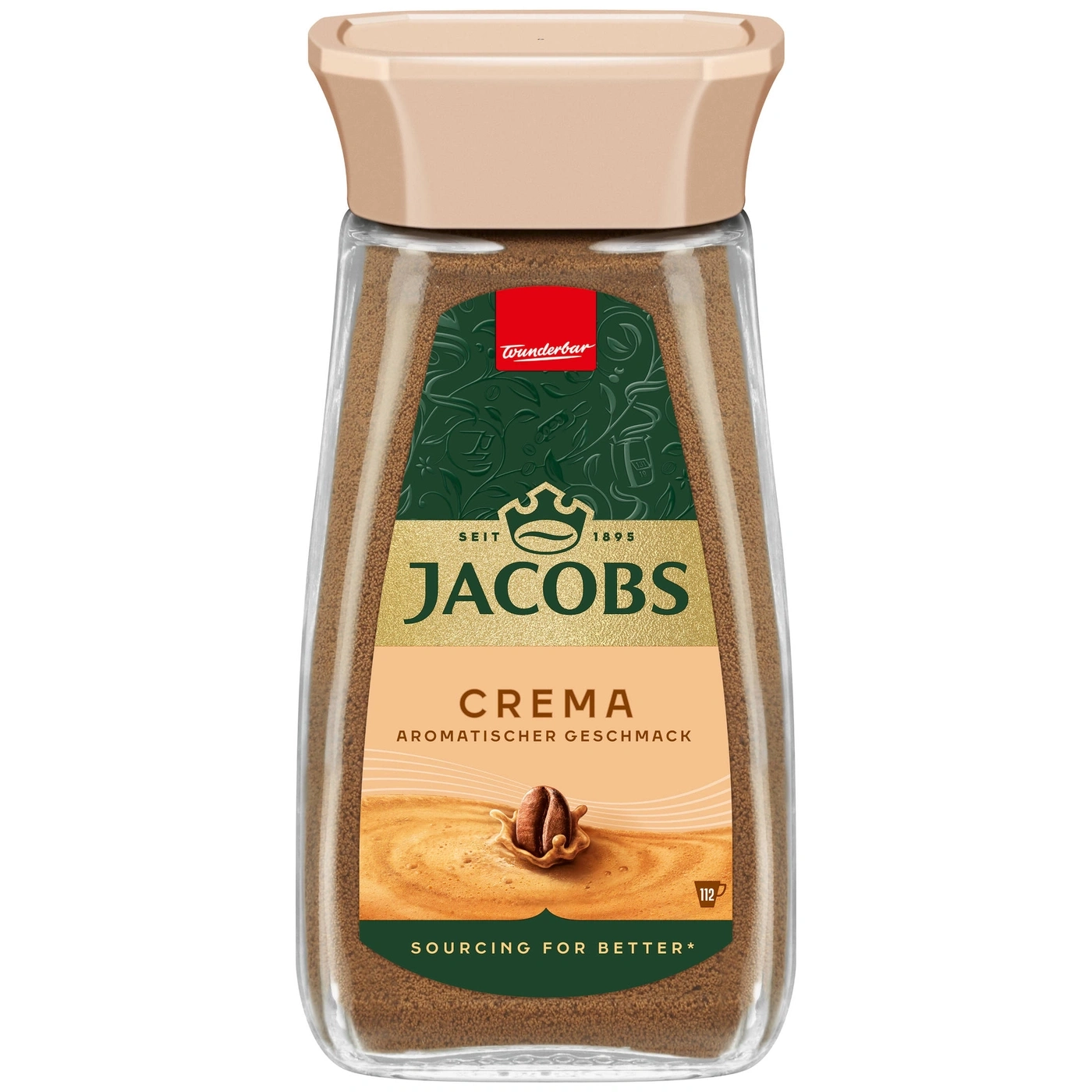 Jacobs Crema Kaffee, aromatischer Geschmack, Glasbehälter, braunes Pulver, Kaffeebohne