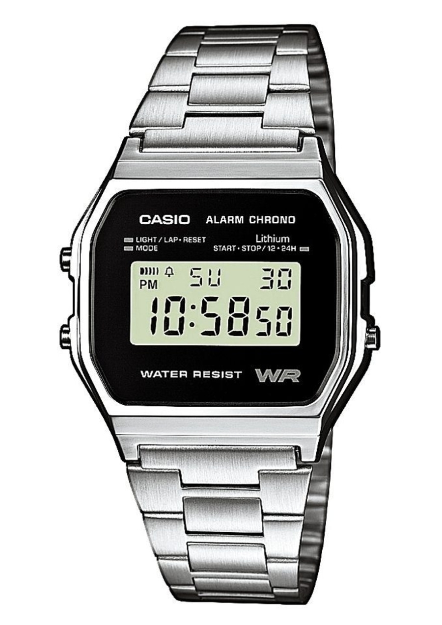 Casio-Uhr mit digitaler Anzeige, Alarmfunktion, Chrono und Wasserfestigkeit.