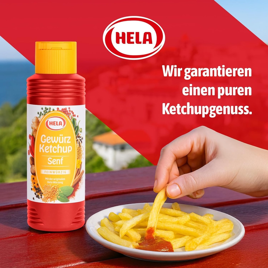 Hela Gewürzketchup Senf mit Pommes und einer Hand